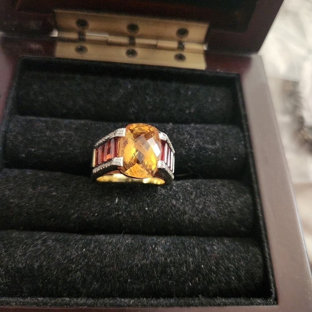 Cushion Cut 3 ct Citrine Baguette Garnet ,Diamond Band Ring, 14K GOS